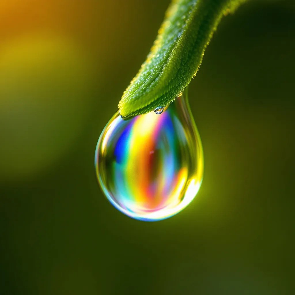 FLUX 1.1 Pro — single dewdrop with vivid rainbow refraction inside