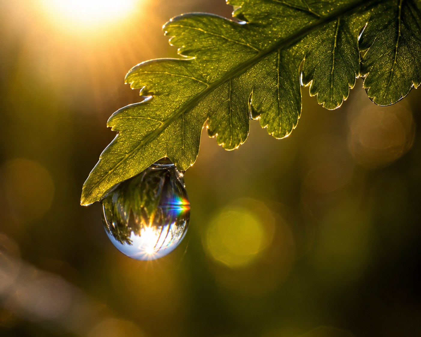 GPT Image 2 — macro dewdrop on fern with golden bokeh