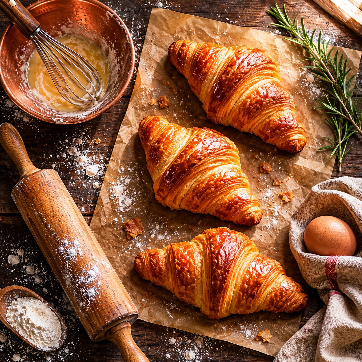 GPT Image 2 — flat-lay with three croissants, copper whisk bowl, rolling pin, single egg in napkin, rosemary, flour