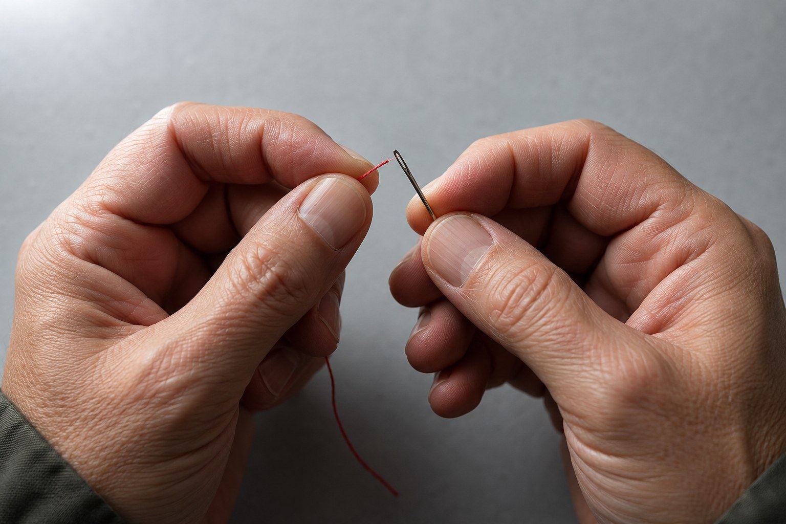 GPT Image 2 — two hands correctly threading a single needle with red thread