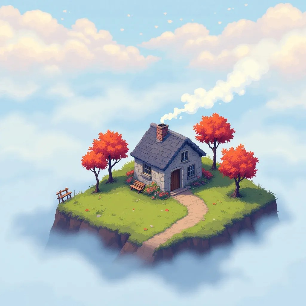 FLUX 1.1 Pro — softer storybook island scene with cottage, three autumn trees, wooden bench