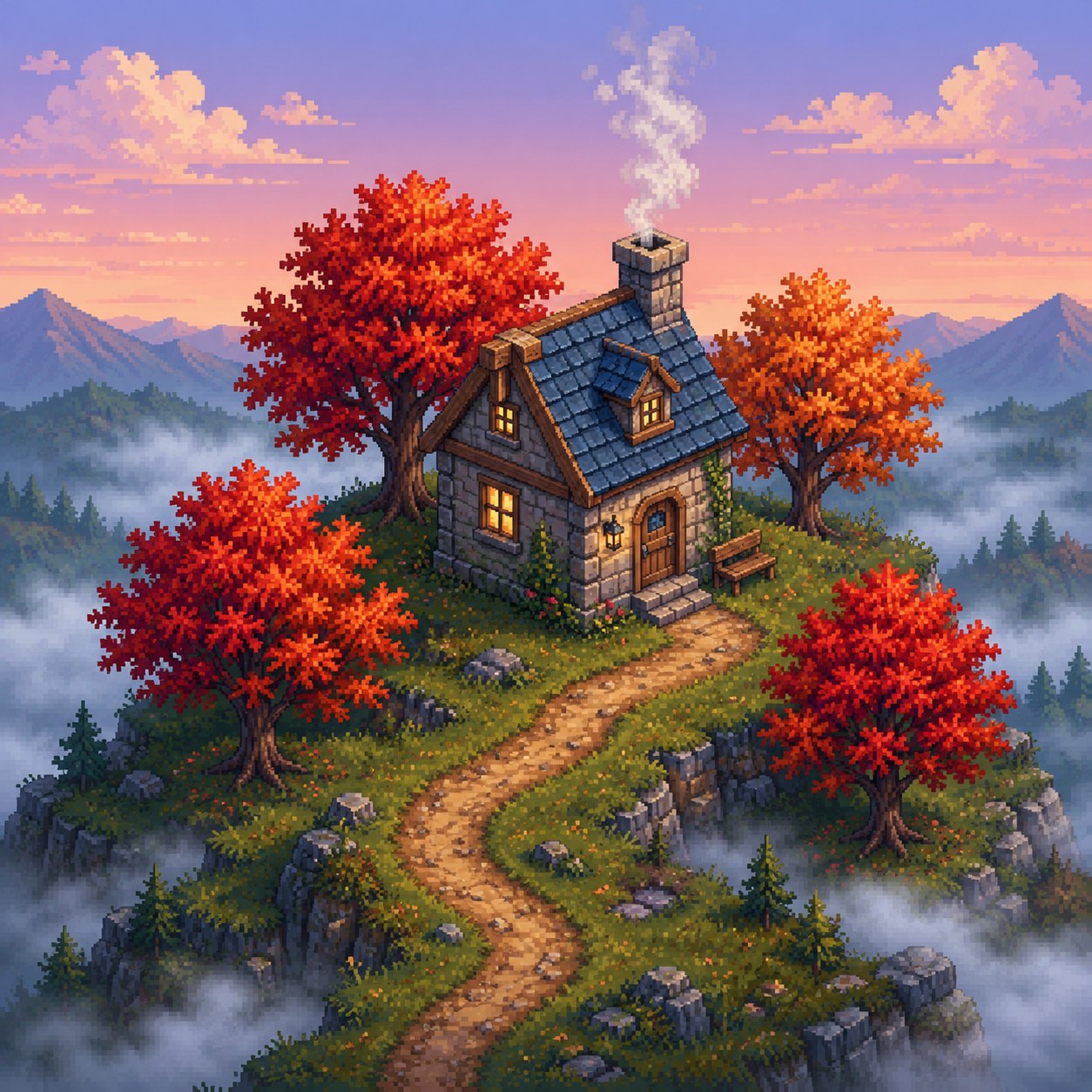 GPT Image 2 — dense isometric pixel-art scene with cottage, autumn trees, fog, mountains in the distance