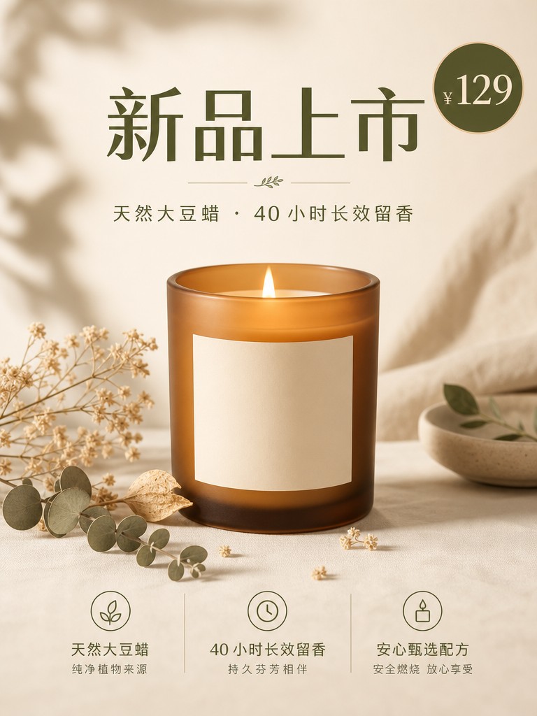 GPT Image 2 生成的香薰蜡烛促销海报,含新品上市中文标题