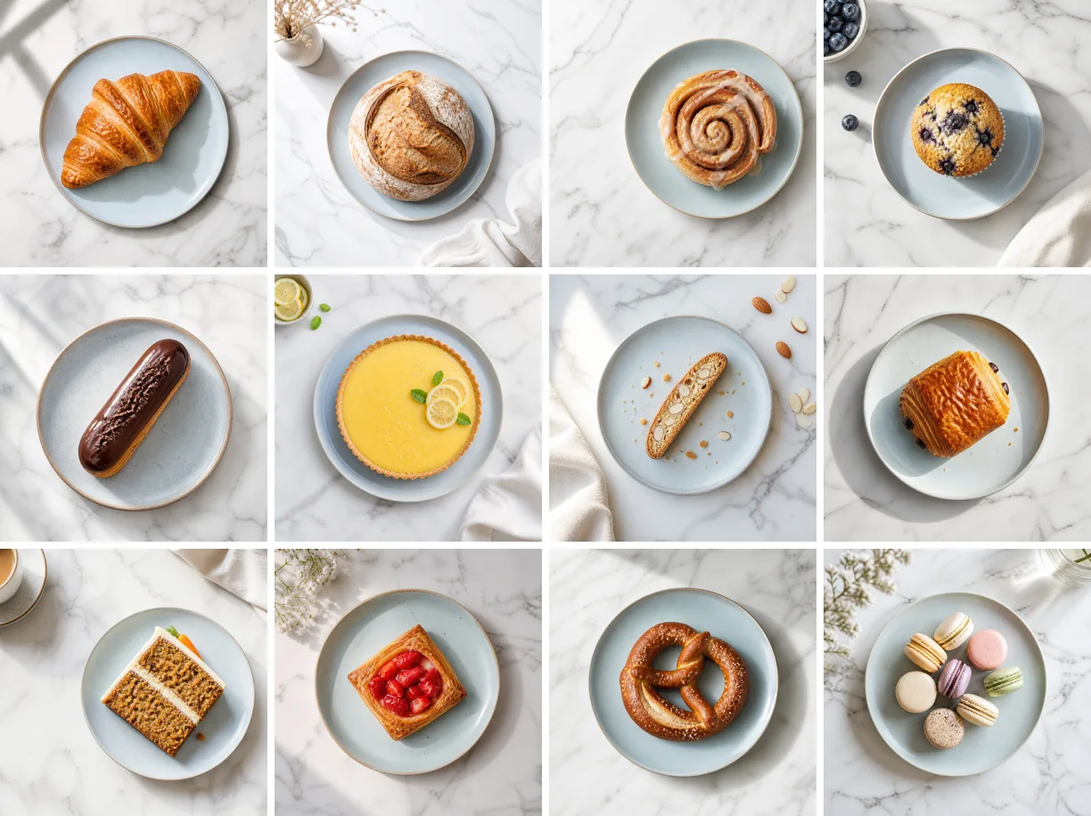 12 matching bakery Instagram images generated in one batch: croissant, sourdough, cinnamon roll, muffin, eclair, lemon tart, biscotti, pain au chocolat, carrot cake, danish, pretzel, macarons
