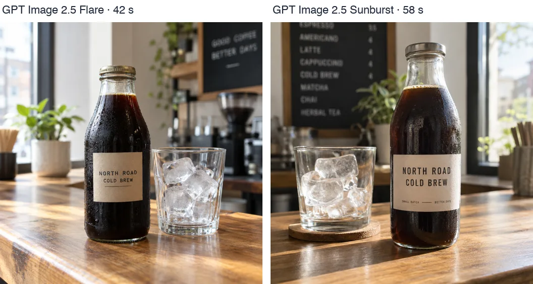GPT Image 2.5 Flare and Sunburst: the same bottle and label, finished in 42 and 58 seconds