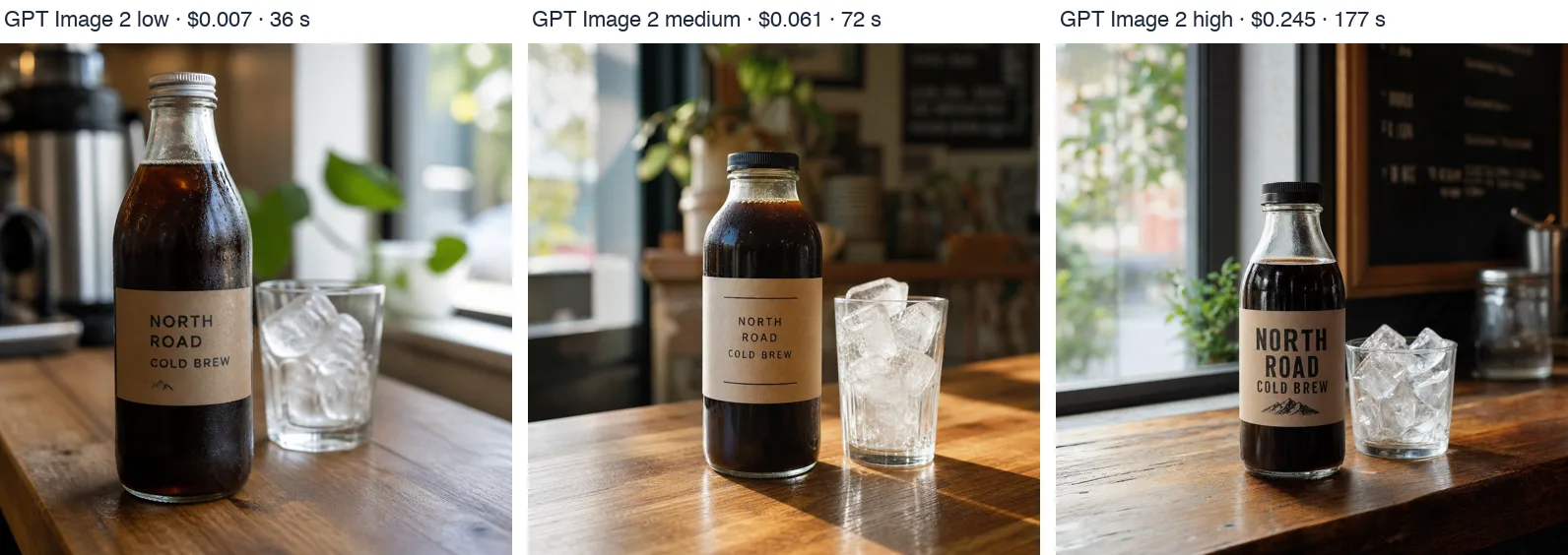 GPT Image 2 at low, medium and high quality: the same cold brew bottle, finished in 36, 72 and 177 seconds