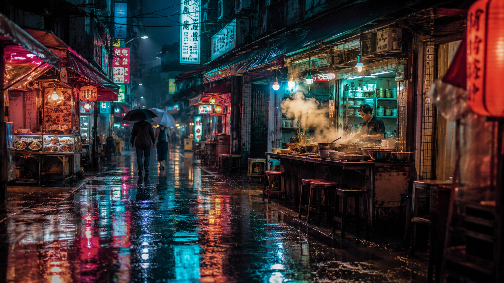 Source still: rainy neon night market