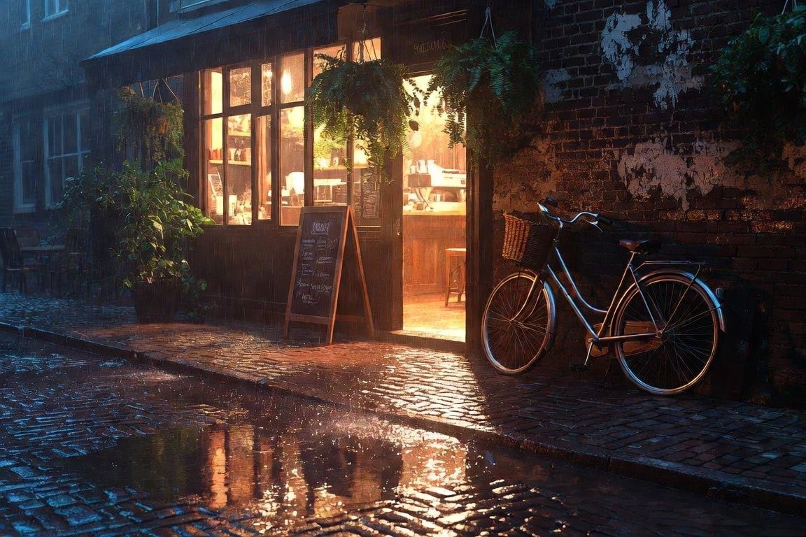 Grok Imagine 基础档文生图实拍:雨夜咖啡馆门面