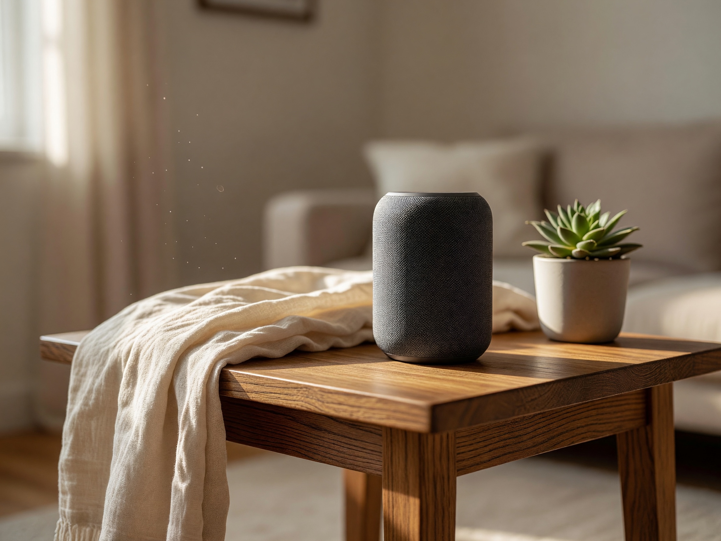 Lifestyle product photo of a ceramic coffee dripper on a wooden kitchen counter with a steaming mug, warm morning light