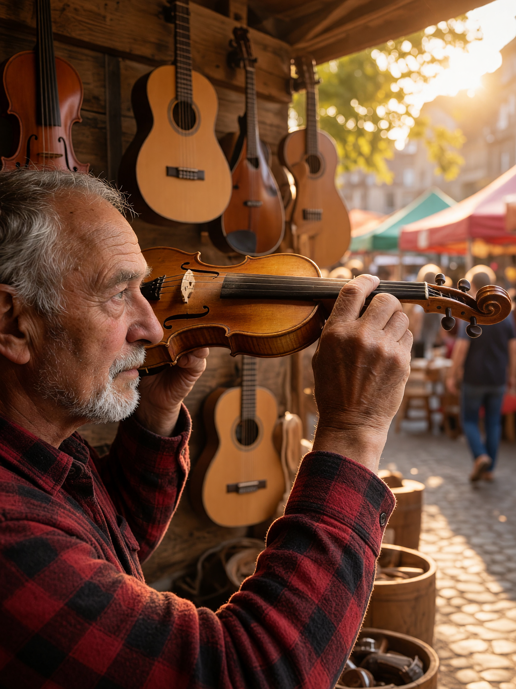 Luthier relocated to a sunlit outdoor market stall