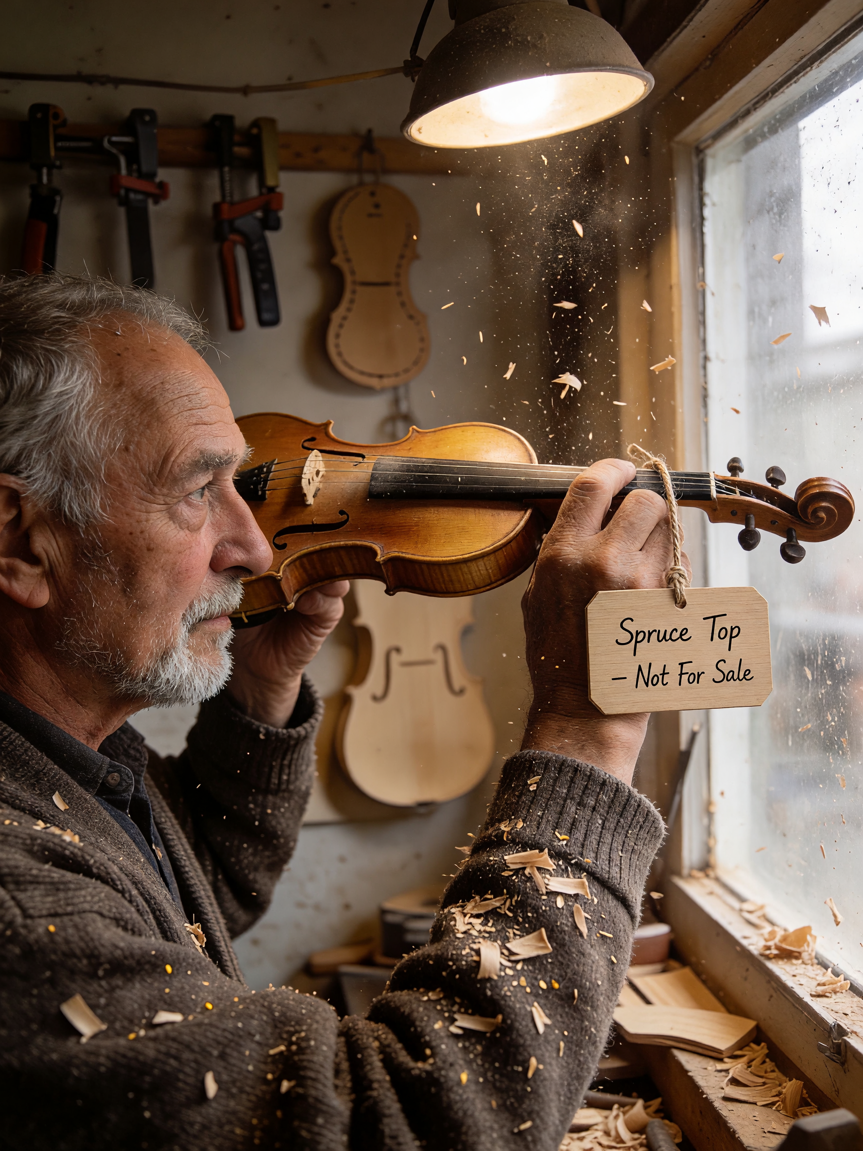 Wooden price tag added to an instrument on the workbench