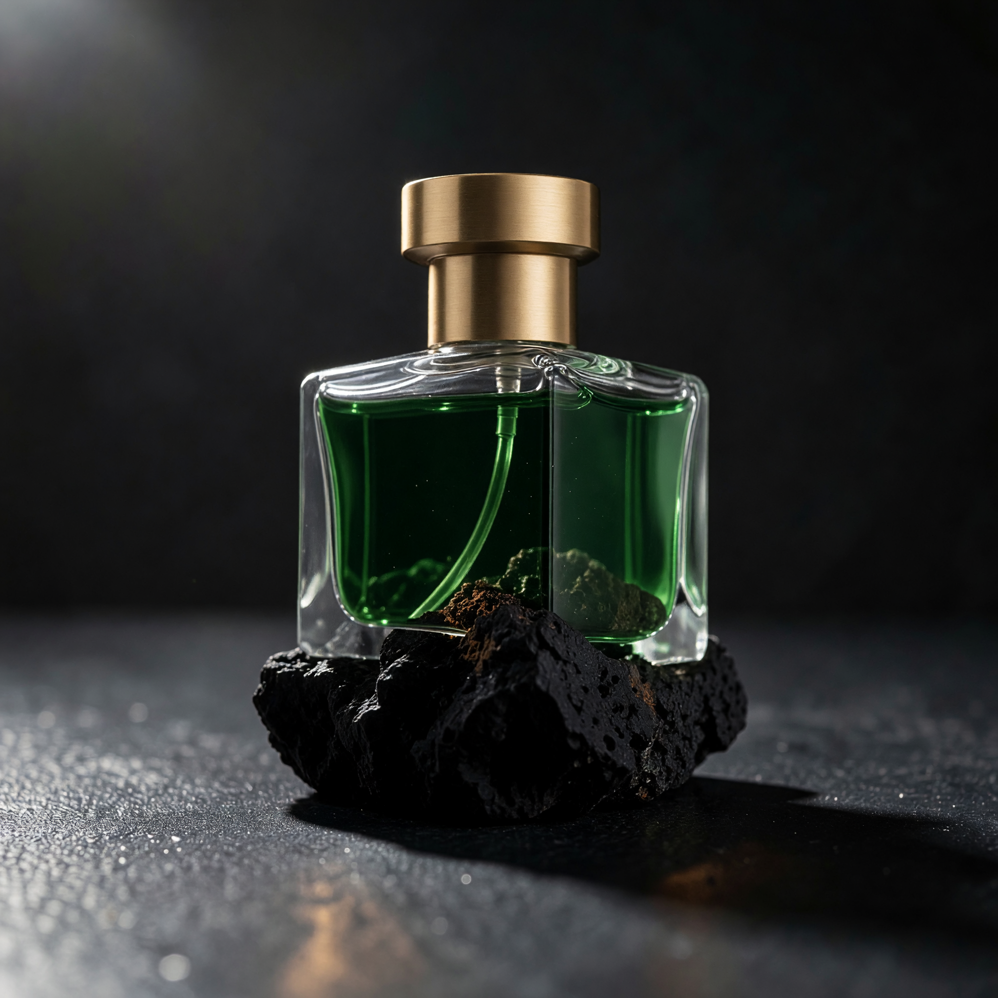 Perfume bottle with emerald green liquid and a gold cap
