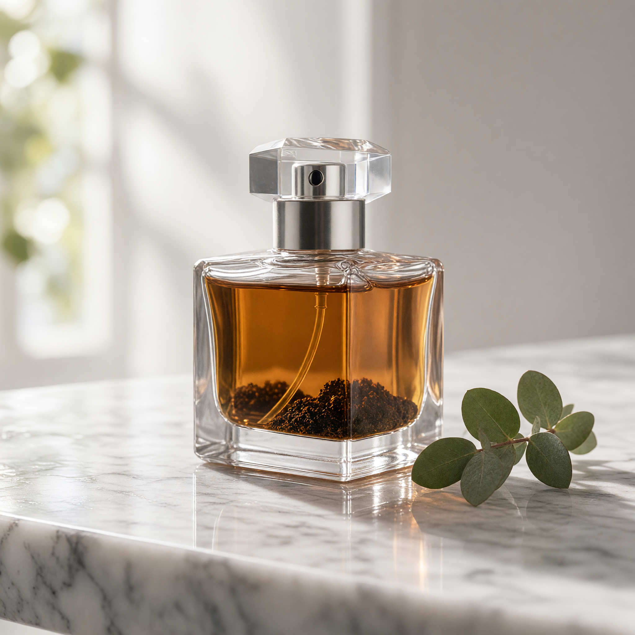 Perfume bottle relit on wet white marble with eucalyptus