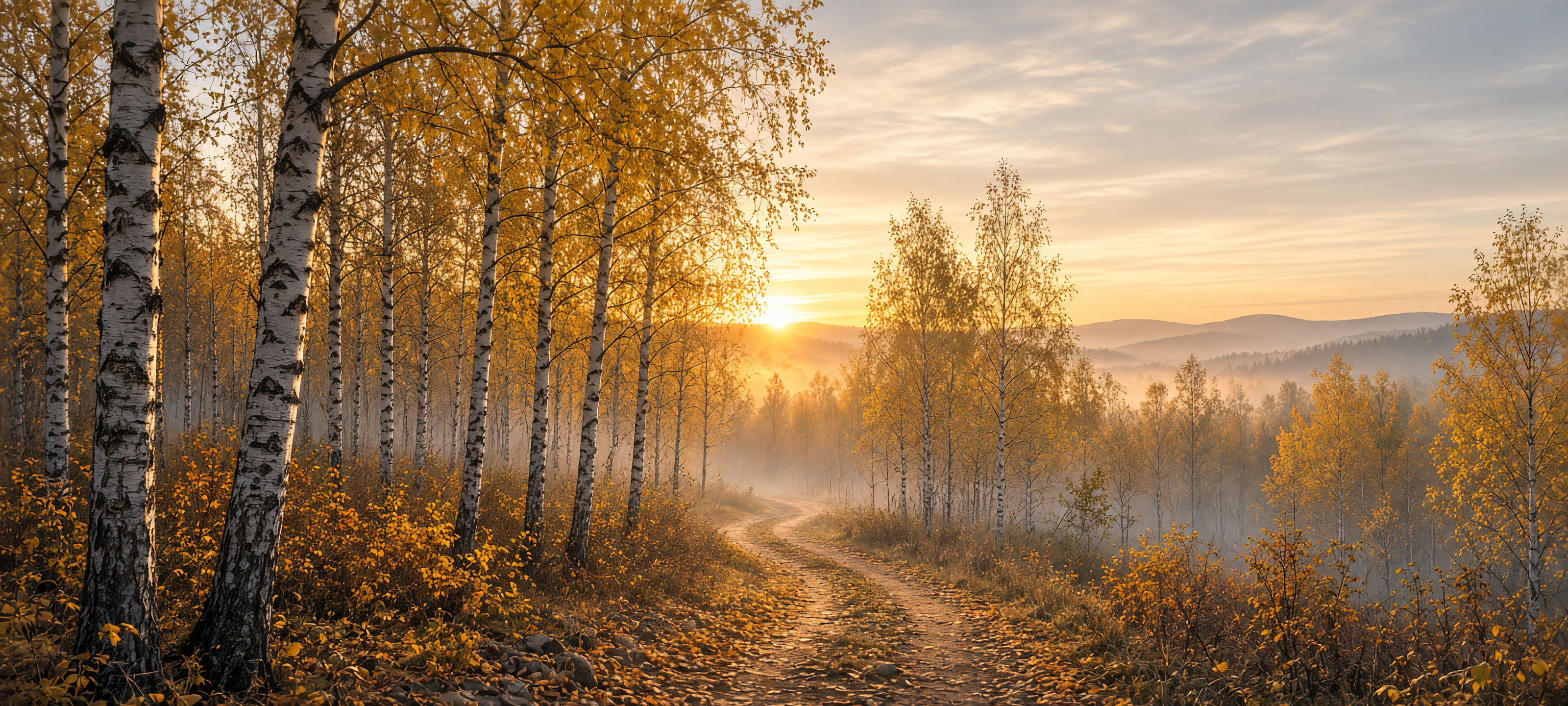 Output: golden birch forest path at sunrise, wide banner format
