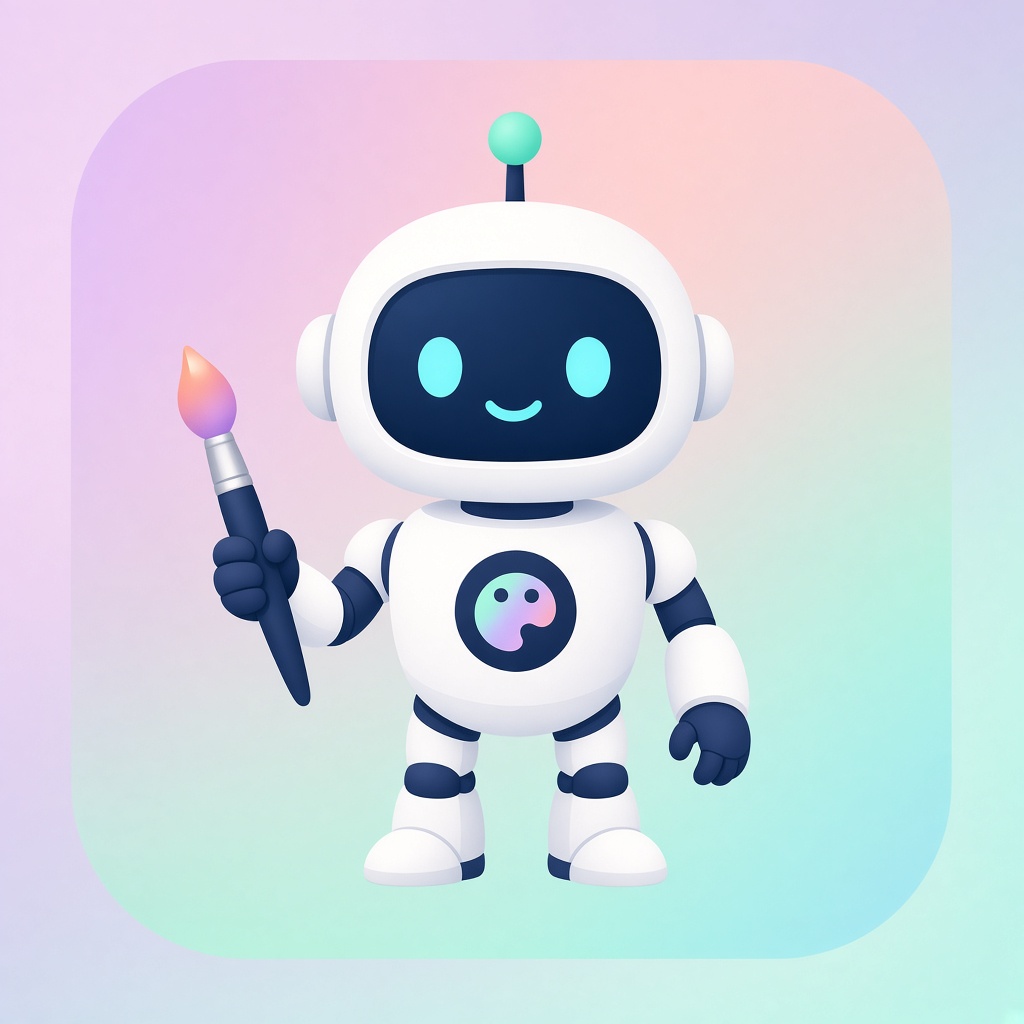 Output: white robot mascot holding a paintbrush, pastel gradient app-icon background