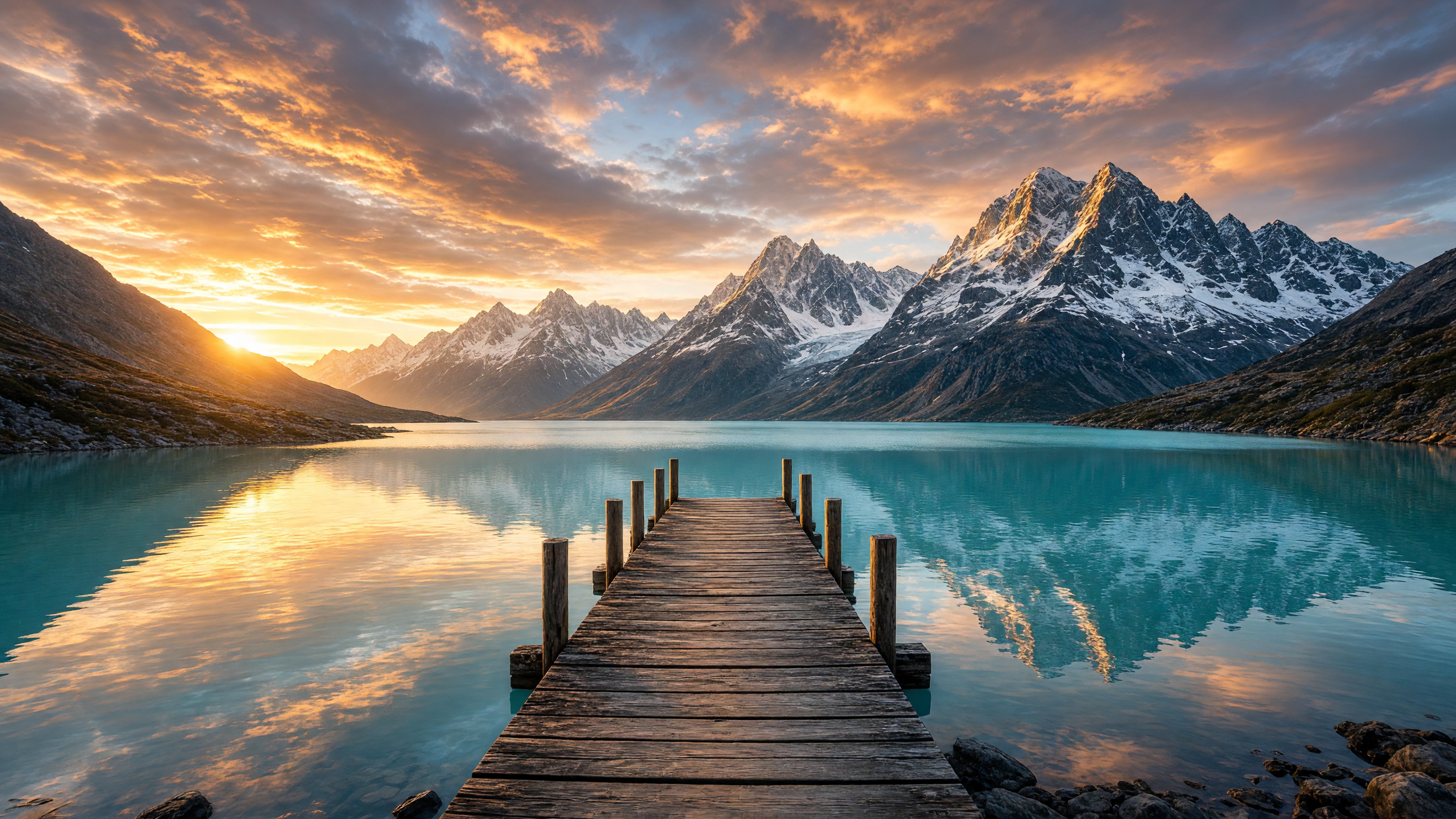 Output: snow-capped mountains reflected in a calm lake at sunset, wooden pier in foreground