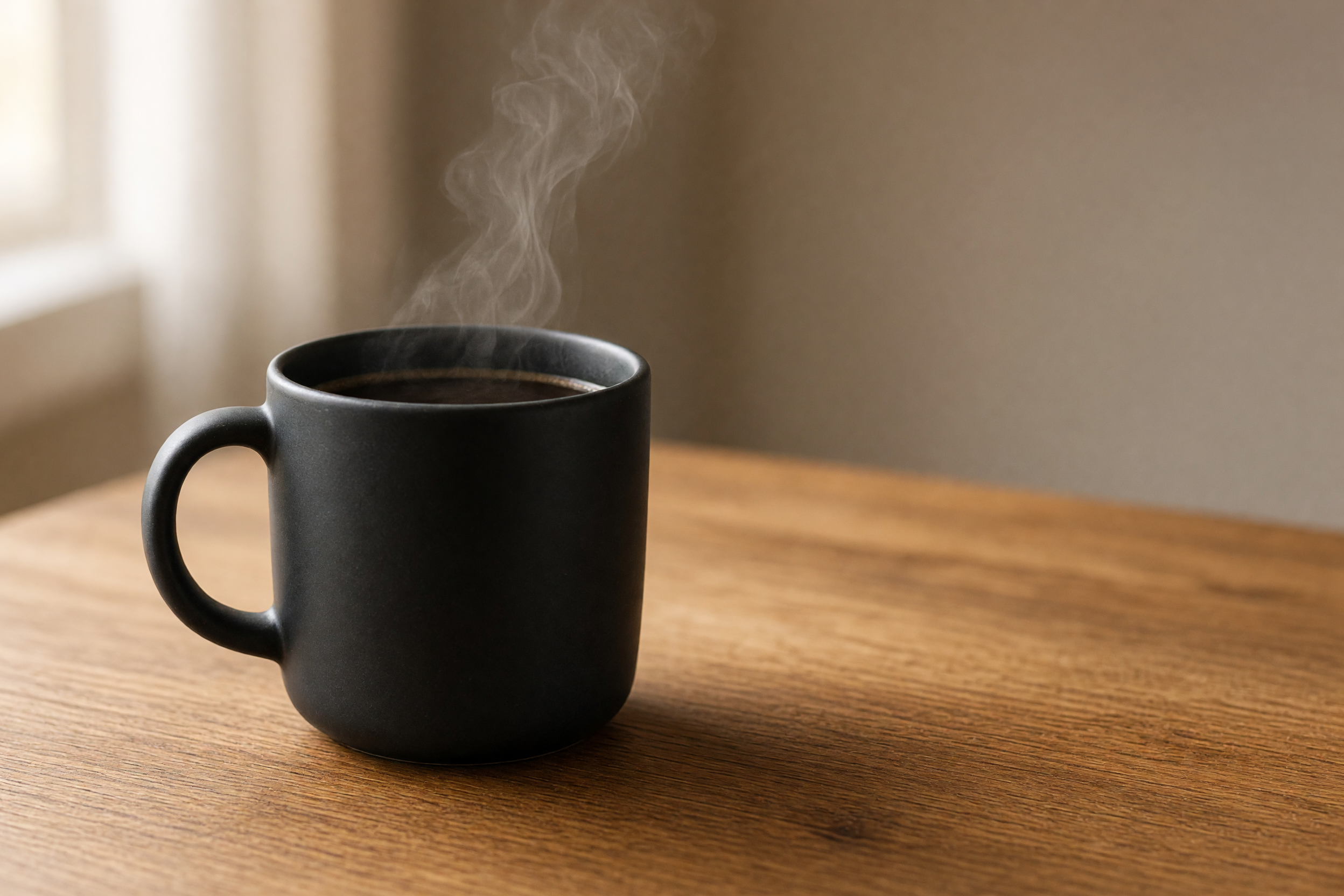 Output: matte black coffee mug with steam on a wooden table near a window