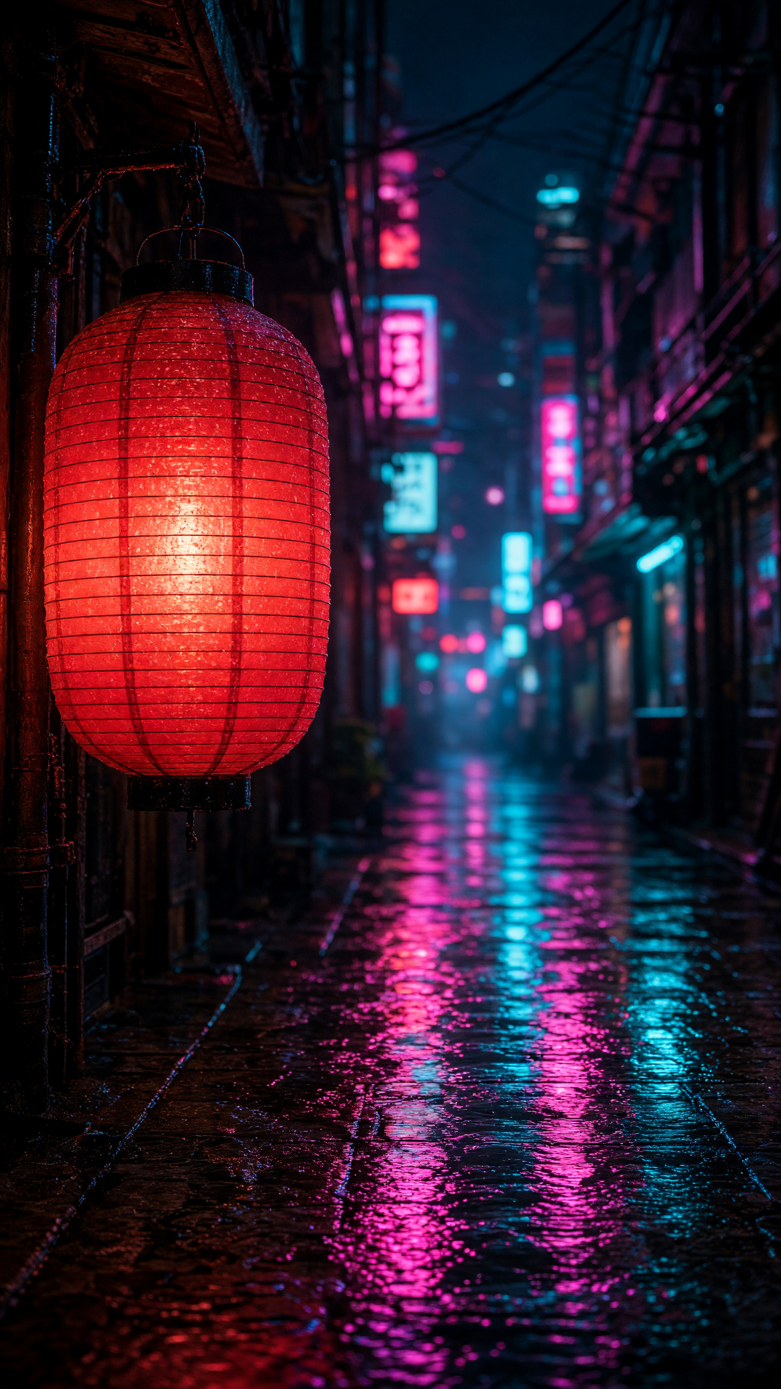 Output: red paper lantern in a rainy neon-lit alley at night, vertical wallpaper