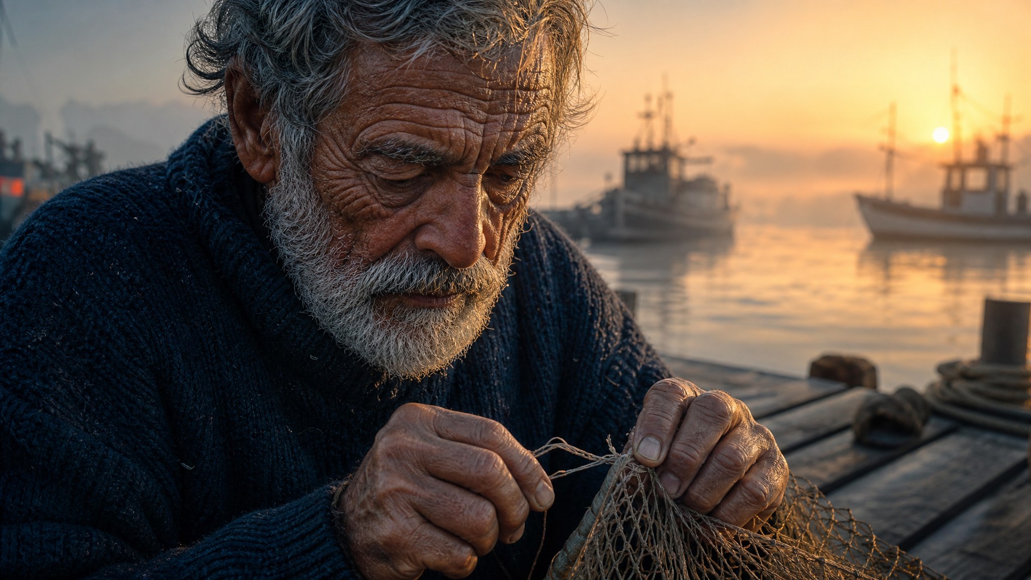 A close-up photorealistic portrait of an elderly fisherman mending a net on a wooden dock at sunrise, generated by GPT Image 2