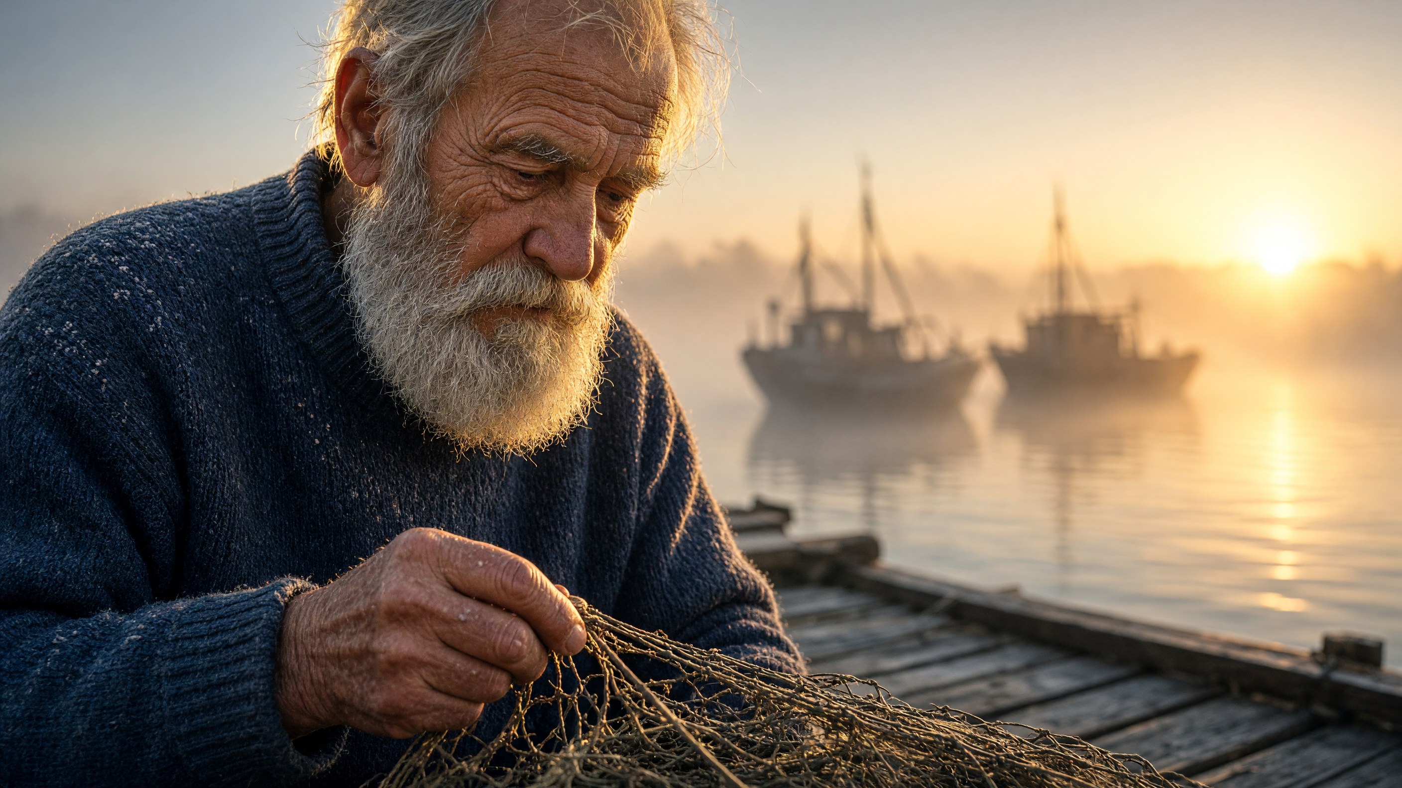 A close-up photorealistic portrait of an elderly fisherman mending a net on a wooden dock at sunrise, generated by Grok Imagine Image 2.0
