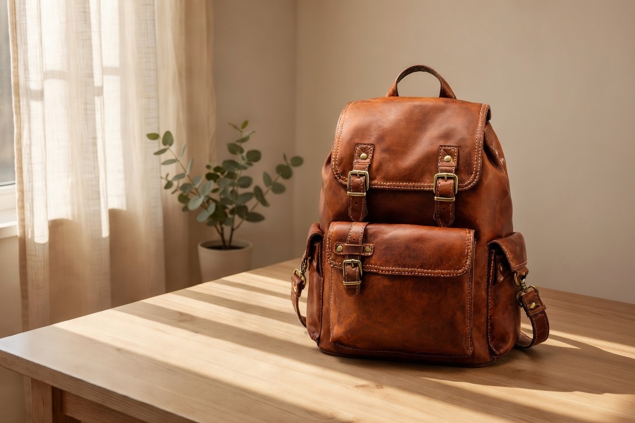 Leather backpack composited onto a styled desk scene, output in 3:2 landscape