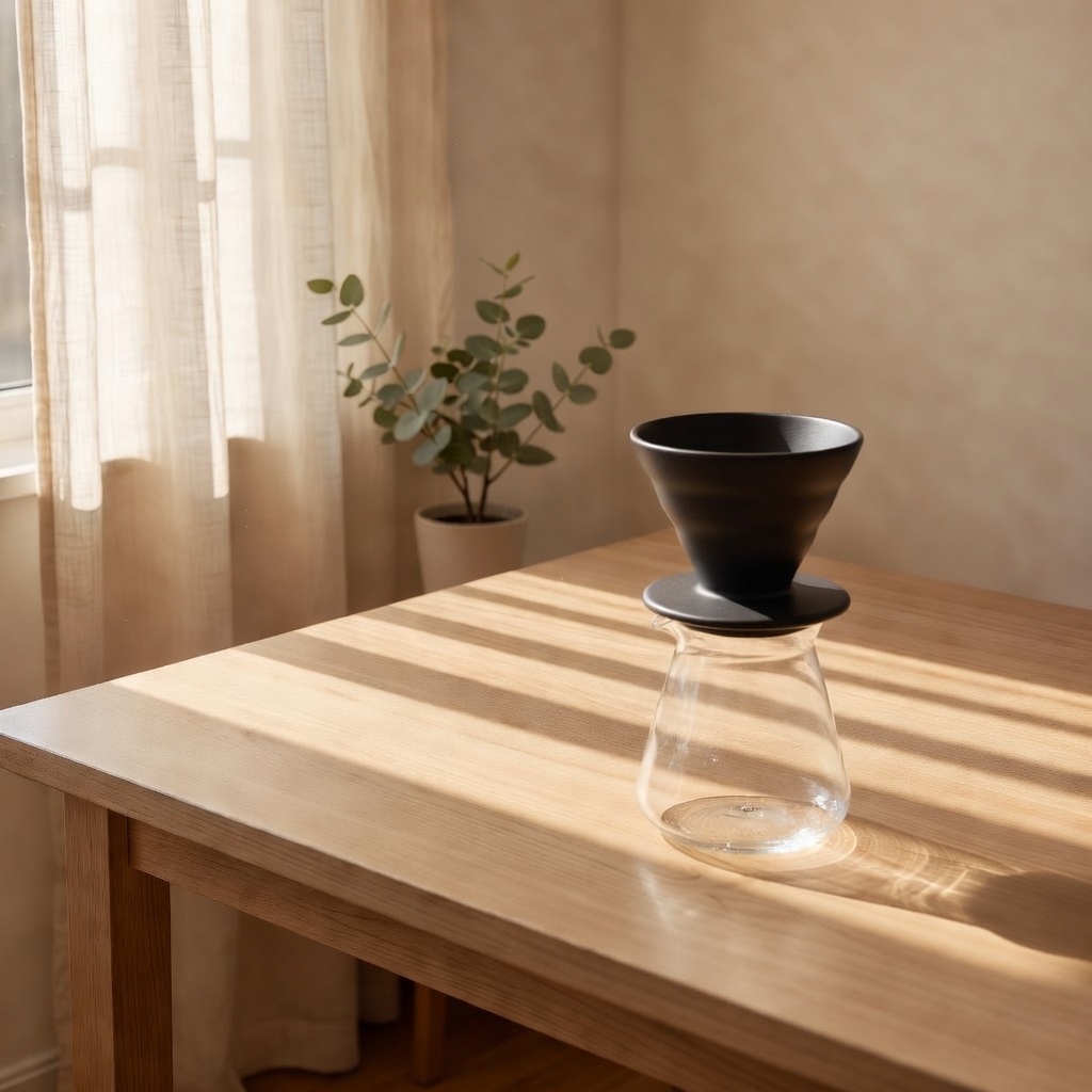Black ceramic pour-over coffee dripper composited onto a sunlit oak table scene