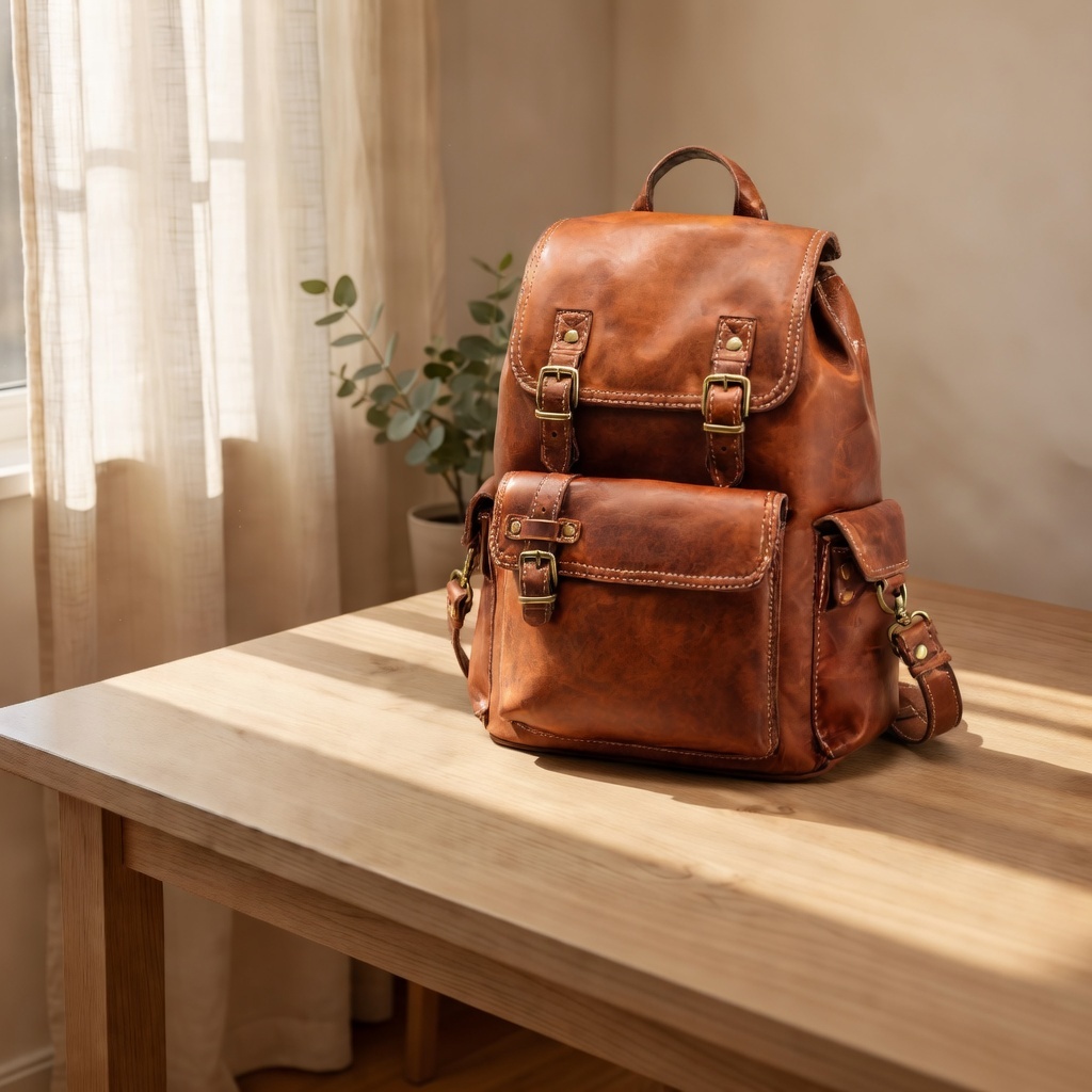 The same backpack composite, output cropped to a 1:1 square after swapping reference order
