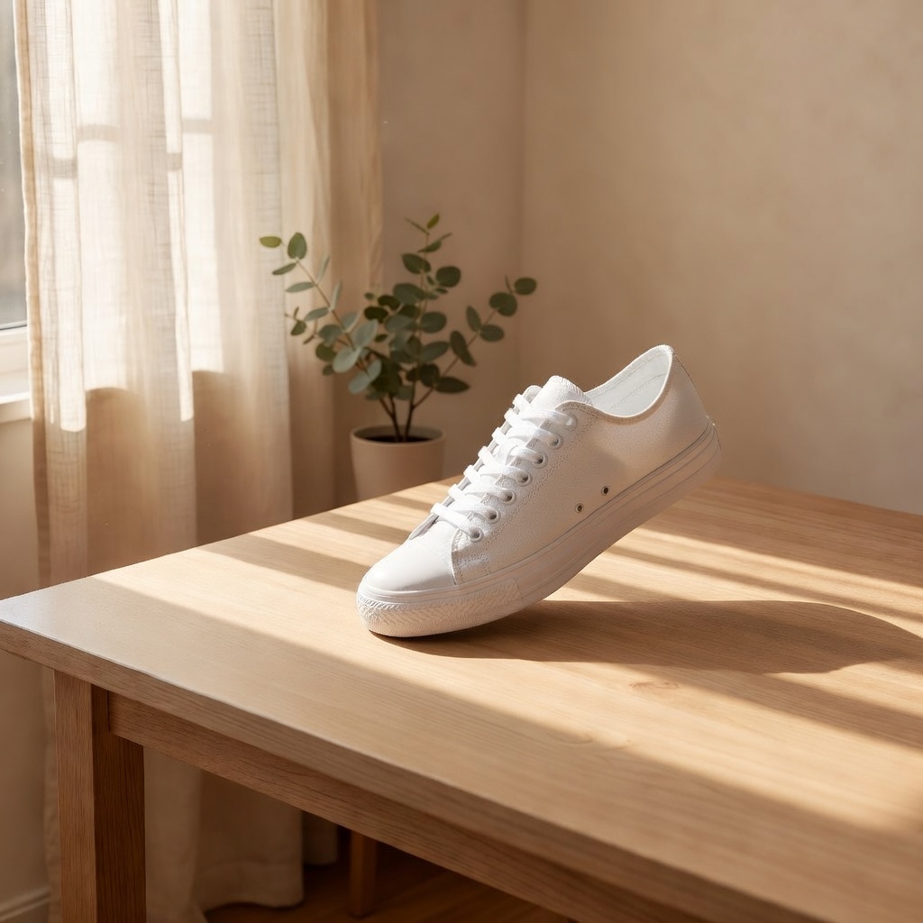 White low-top canvas sneaker composited onto the same sunlit oak table scene
