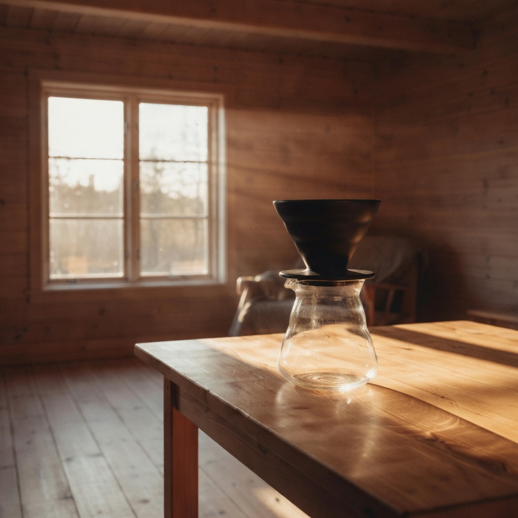 Output: the coffee dripper and carafe composited onto the cabin table in golden-hour light