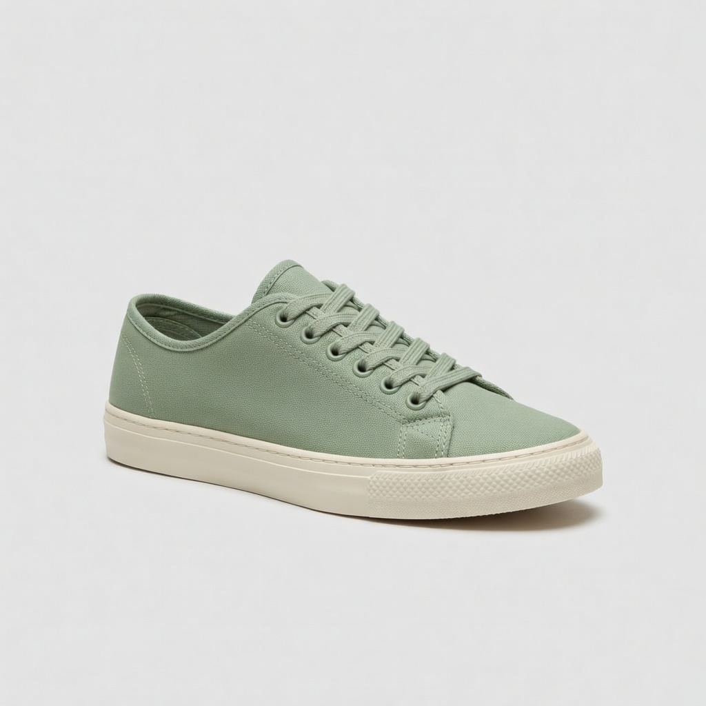 Output: the identical sneaker recolored to sage green canvas with a cream sole, same angle, lighting and background