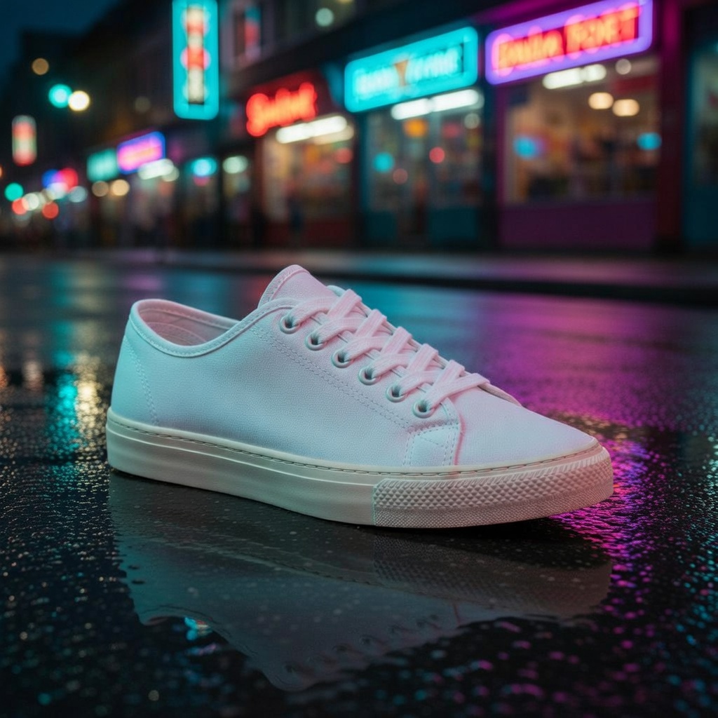Output: the sneaker on wet asphalt at night, neon signs reflecting in puddles, teal and magenta lighting