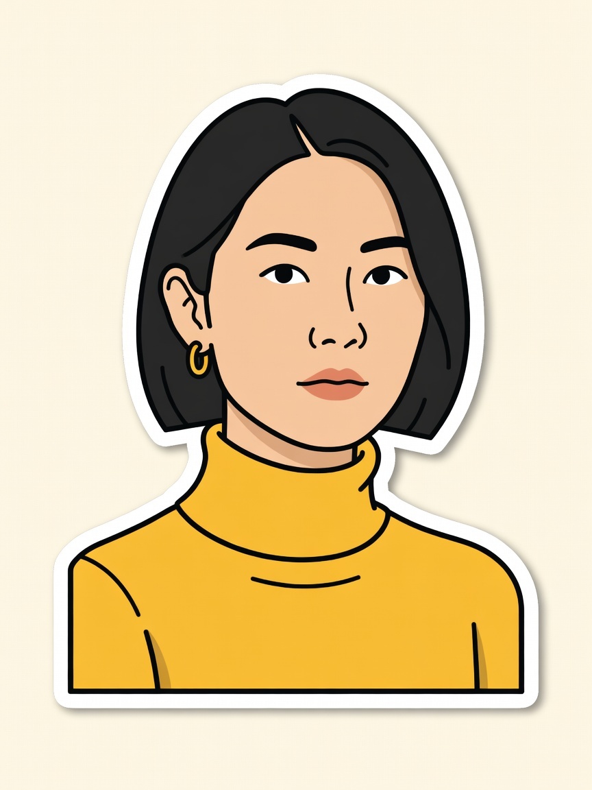 Output: the portrait as a flat vector die-cut sticker with bold outlines, cel shading and a white border