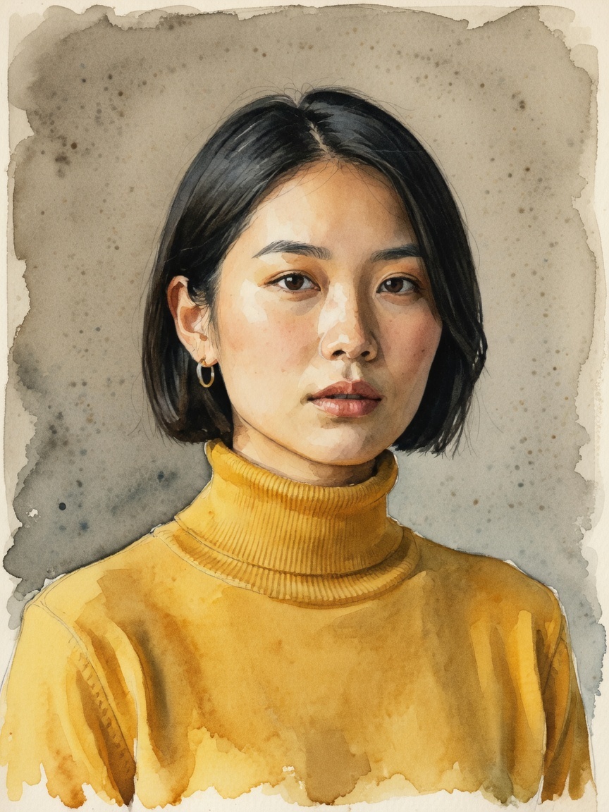 Output: the same portrait as a watercolor illustration with paper texture and pigment washes, identity preserved