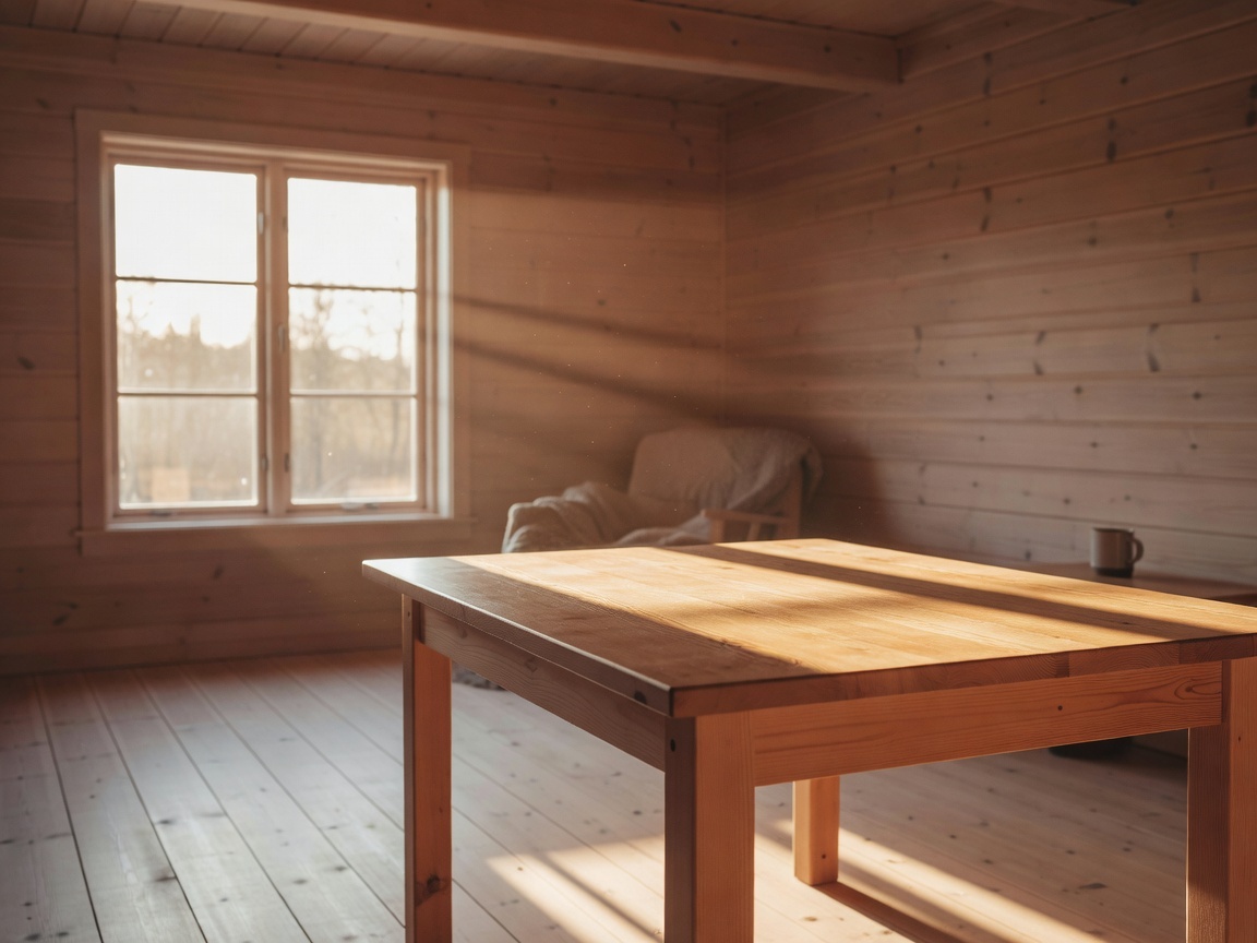 Reference 2: cozy wooden cabin interior at golden hour with sunlight on an empty wooden table