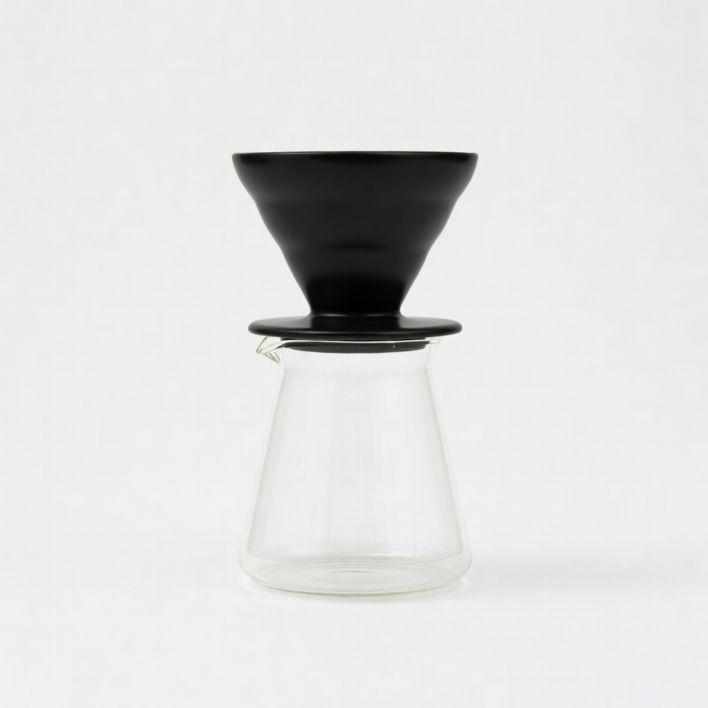 Reference 1: matte black ceramic pour-over coffee dripper on a glass carafe, white studio background