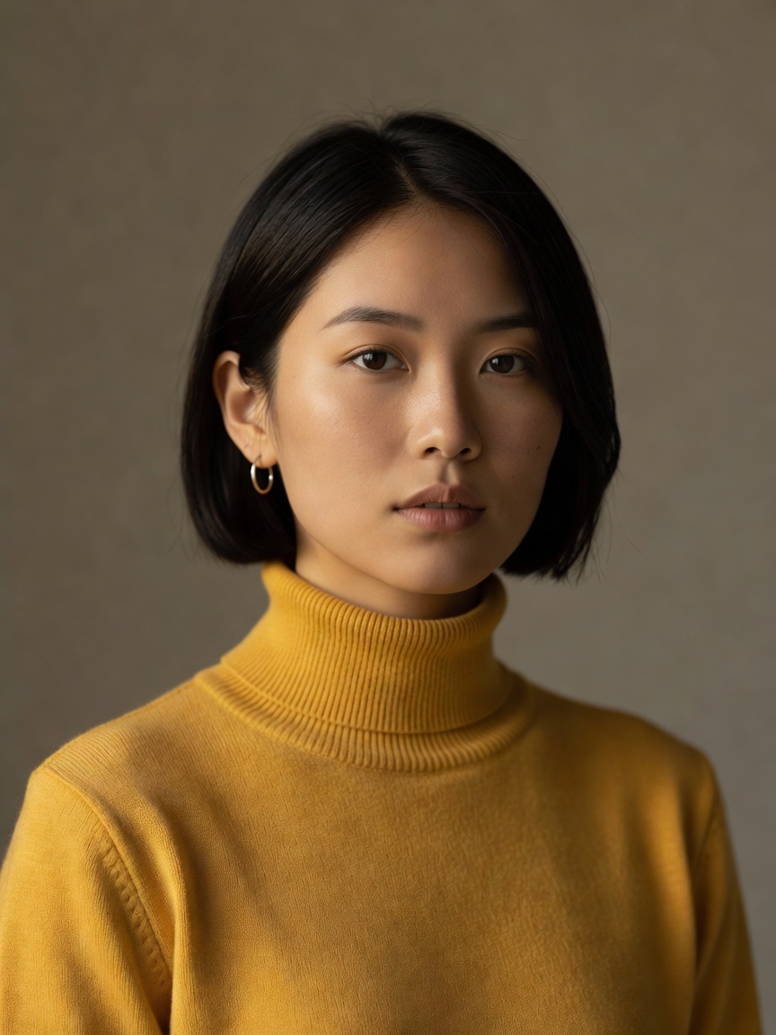 Input: studio portrait photo of a woman with short black hair, hoop earrings and a mustard yellow turtleneck