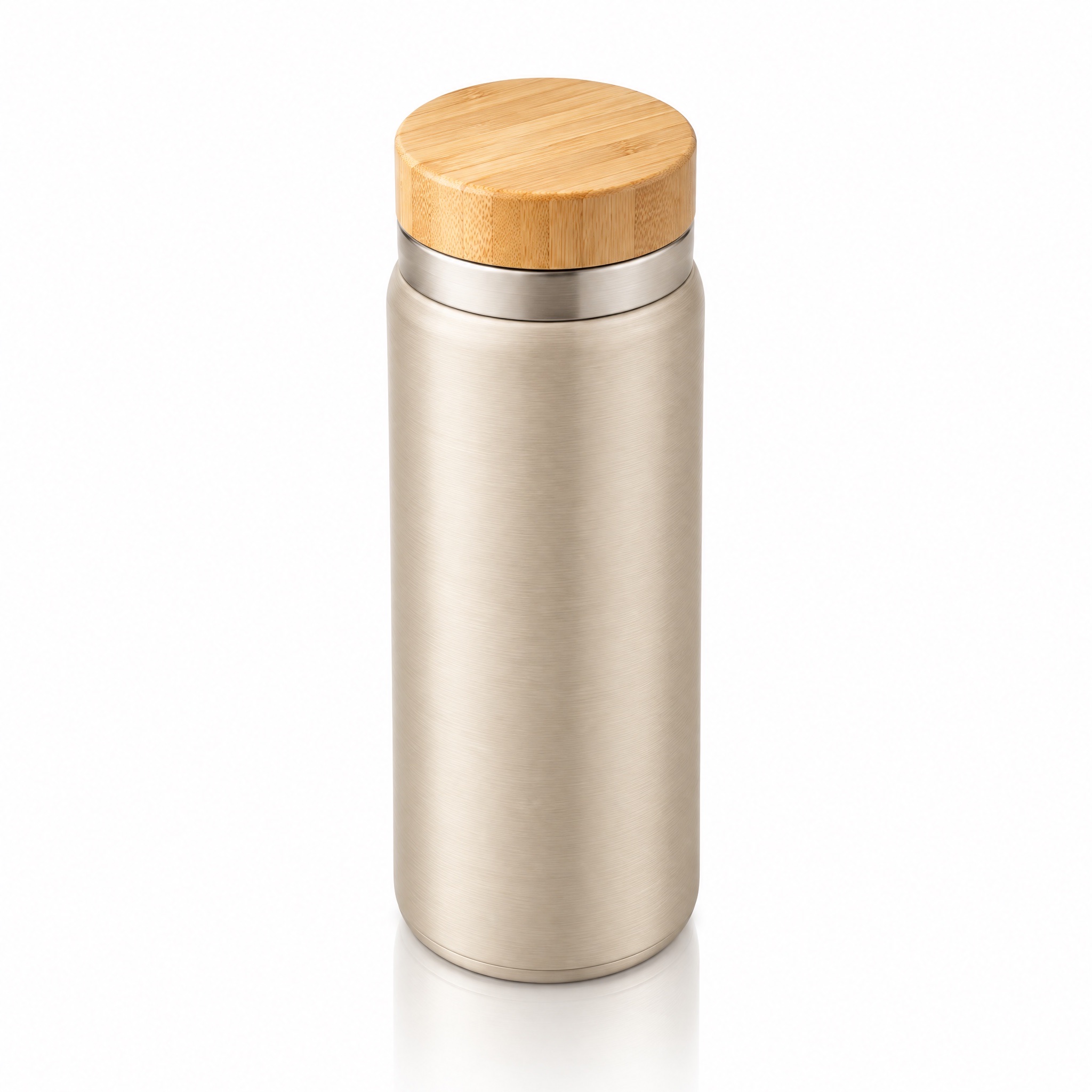 Original: a stainless thermos with a bamboo lid on a pure white background, square