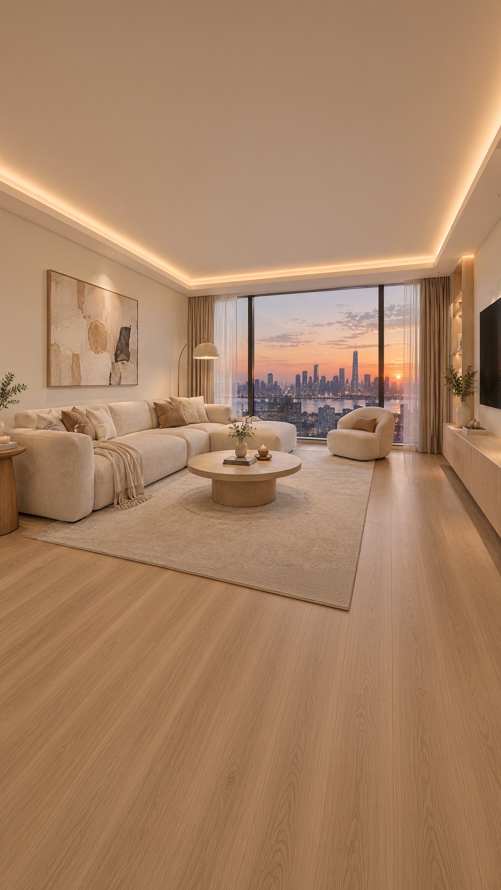 Grok Imagine extended to 9:16: more ceiling with the light strip and more oak floor