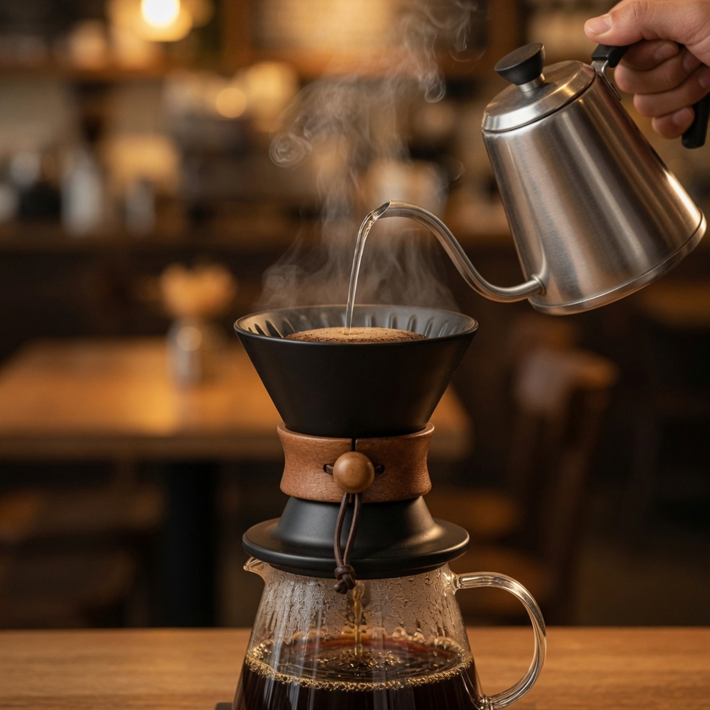 The same coffee dripper in use, with hot water being poured in from a gooseneck kettle