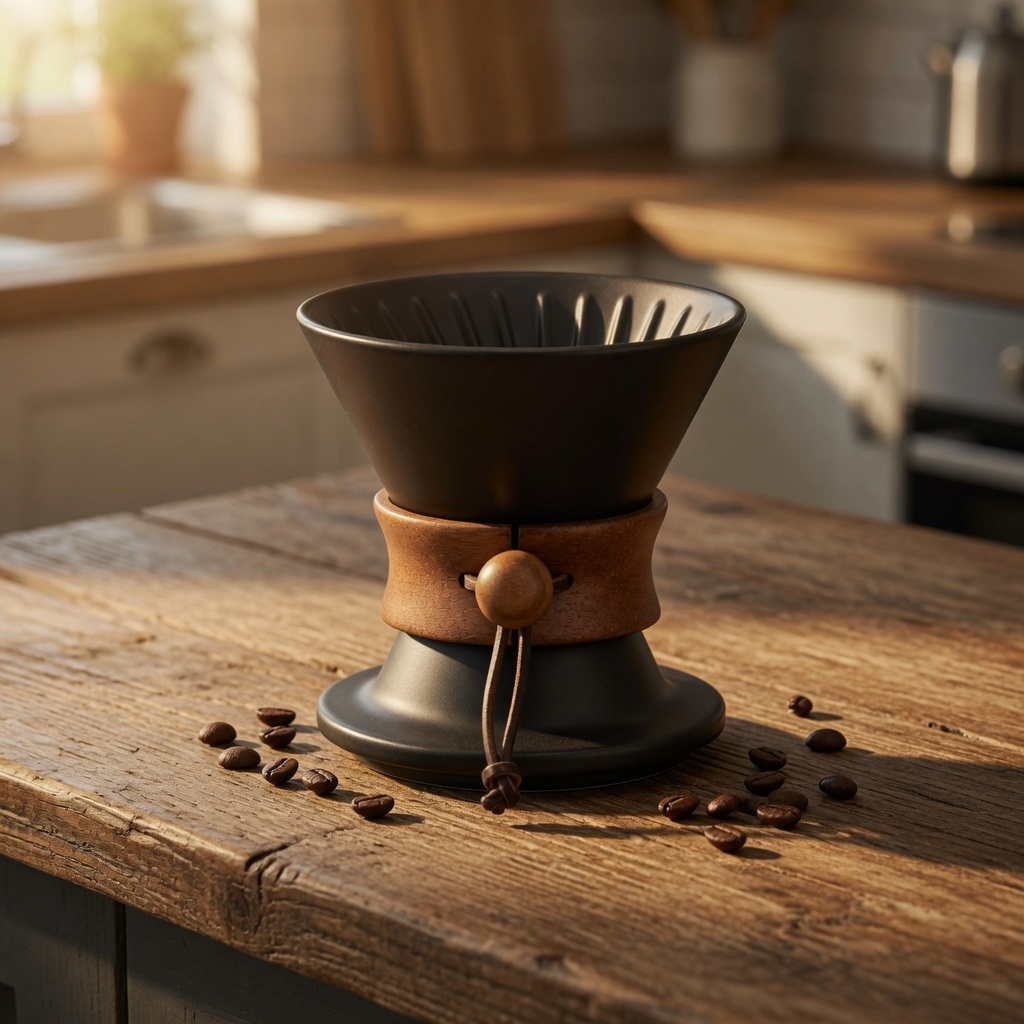 The same coffee dripper on a rustic wooden kitchen counter with morning sunlight