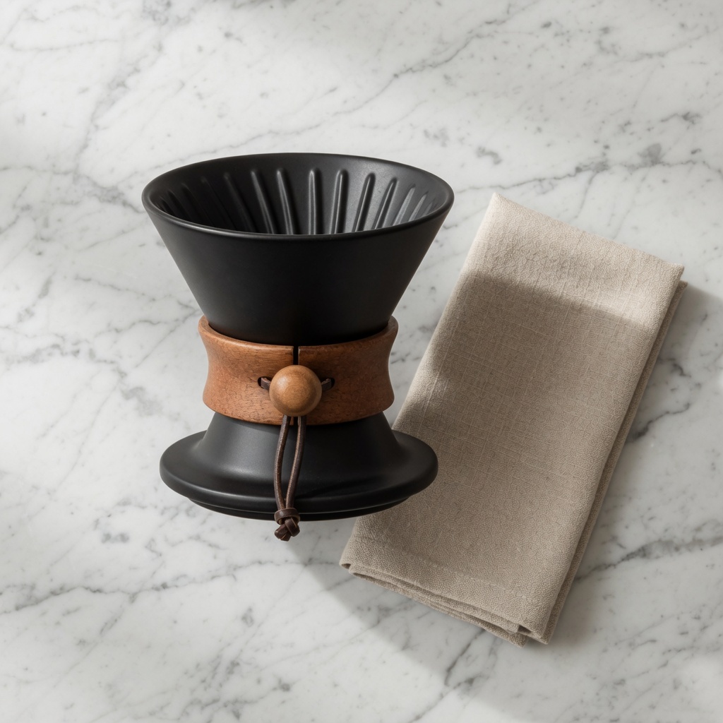 The same coffee dripper flat-laid on white marble next to a folded linen napkin