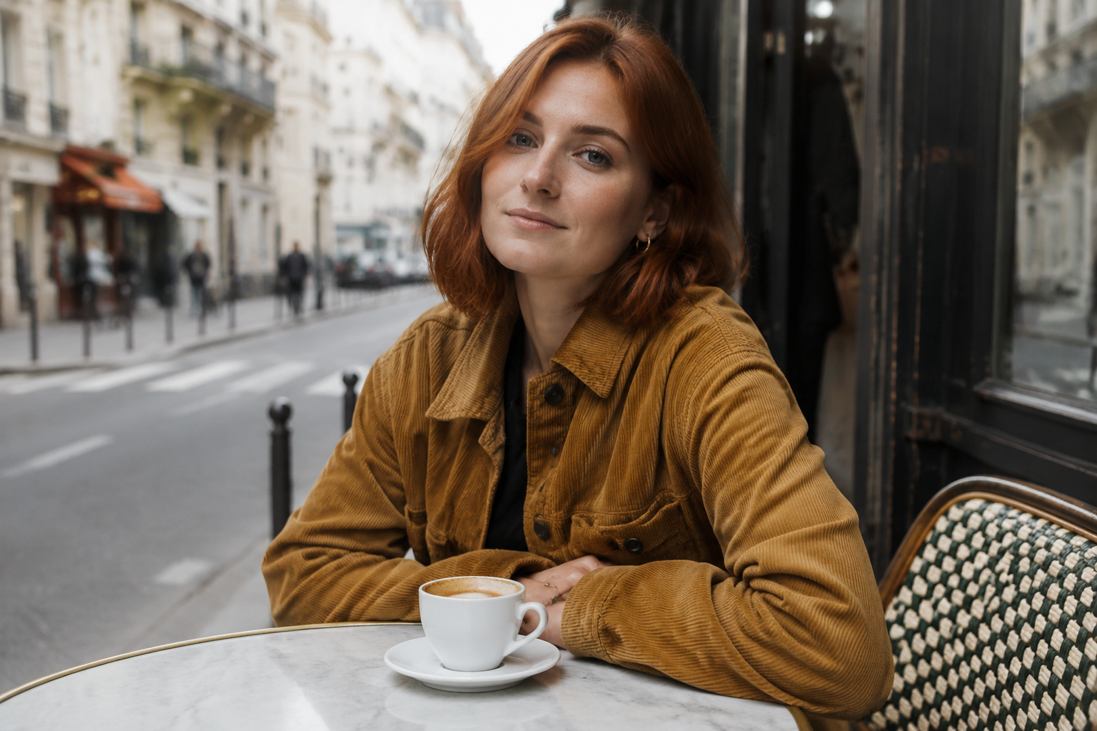 Input: photorealistic portrait of a woman with auburn hair in a mustard corduroy jacket at an outdoor café table, overcast daylight