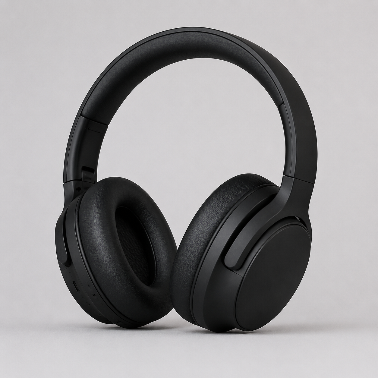 Input: studio product photo of matte black over-ear headphones on a seamless light-gray background