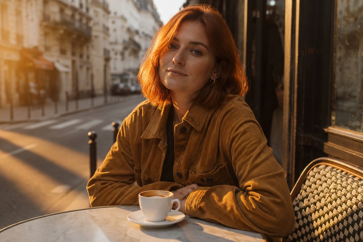 Output: the identical café portrait relit as golden hour, warm low sun from the left, amber rim light on hair, same pose and composition