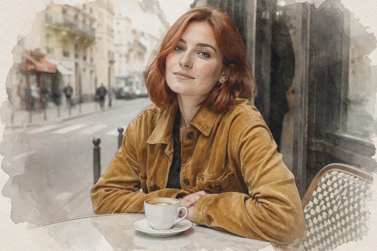 Output: the café portrait repainted as a watercolor illustration with paper texture and the mustard jacket as color accent
