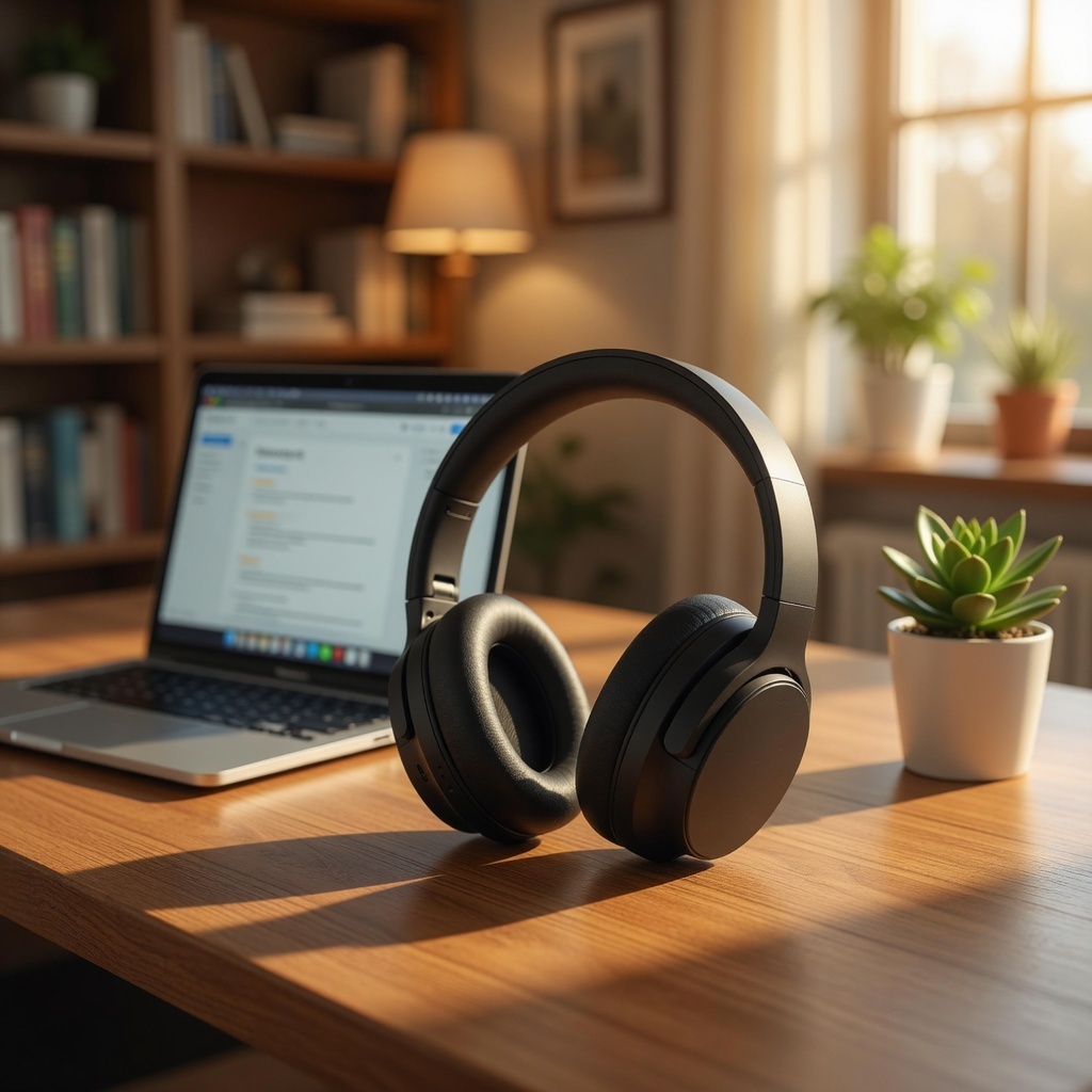 Output: the same black headphones resting on a sunlit wooden desk next to a laptop and a succulent, warm window light