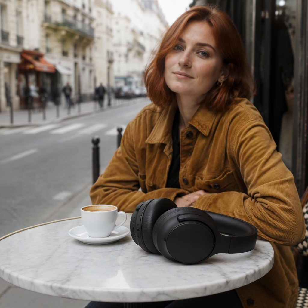 Output: the black headphones lying on the marble café table beside the coffee cup, with the same woman and Paris street scene behind