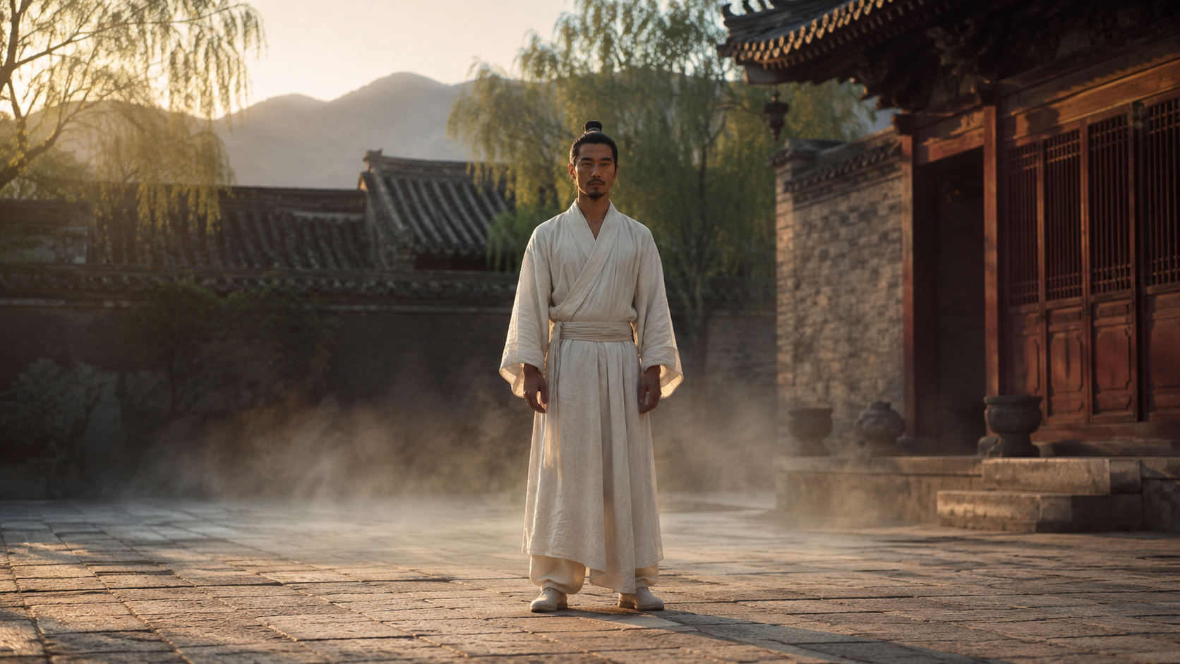 Input frame: martial artist in white linen robes standing in a misty stone courtyard at dawn