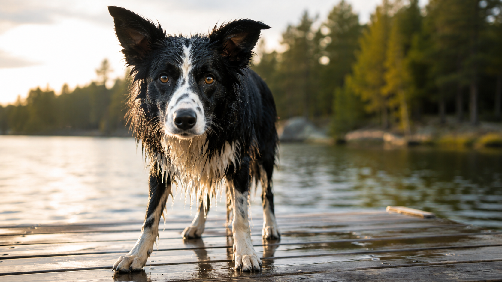 Input frame: soaking wet border collie standing on a lake dock in golden-hour light