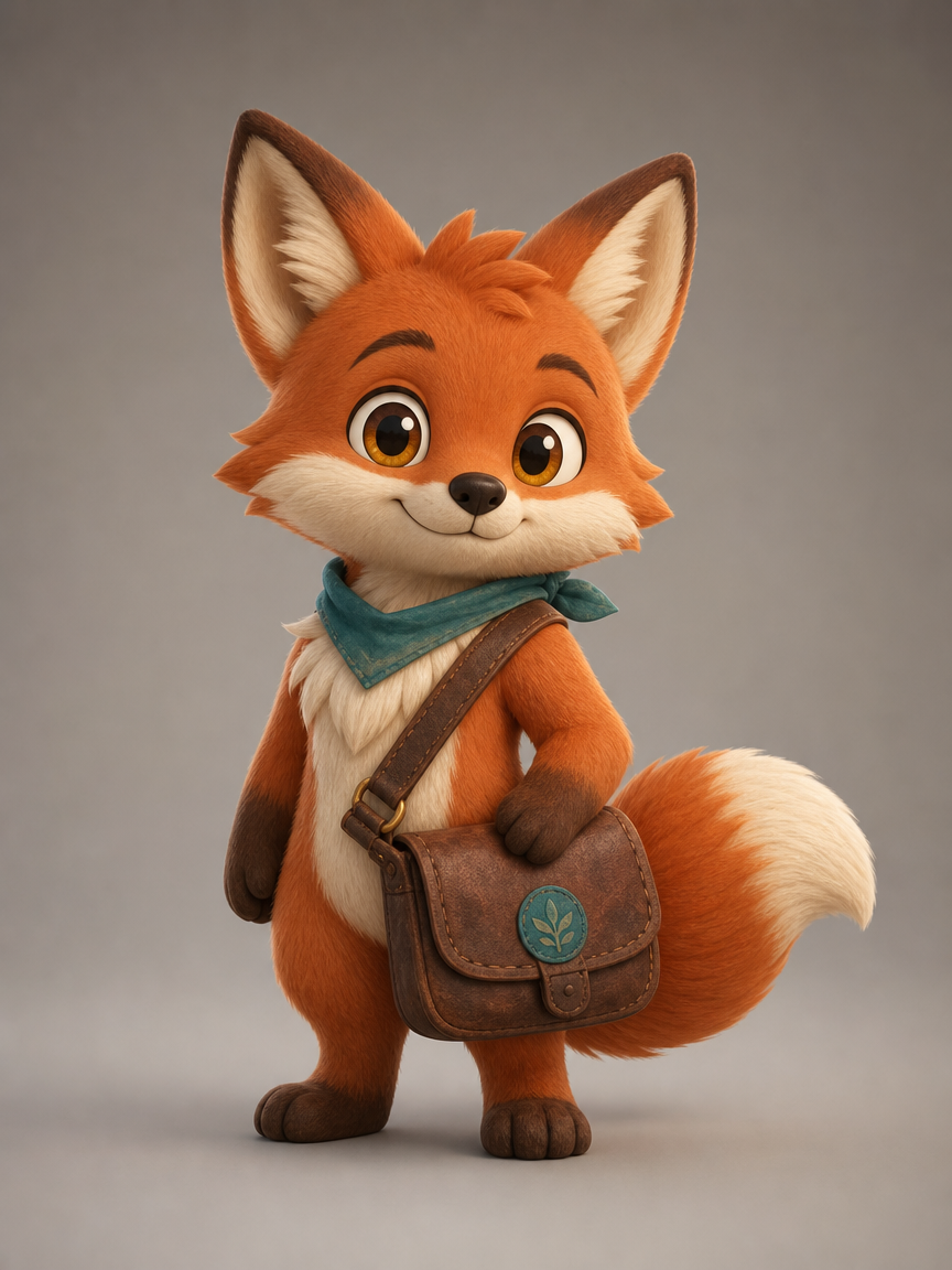 Bramble character reference sheet — front-facing courier fox with teal neckerchief and satchel
